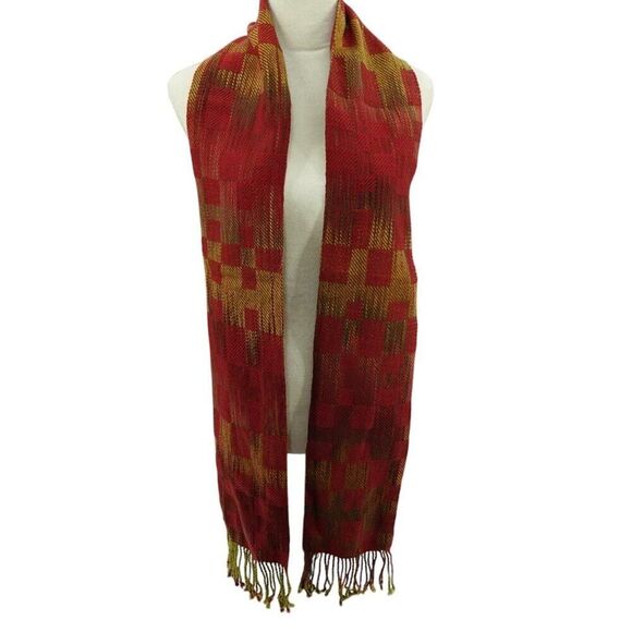 Nynke Red Gold Plaid Knit Scarf with Fringe - Picture 1 of 7